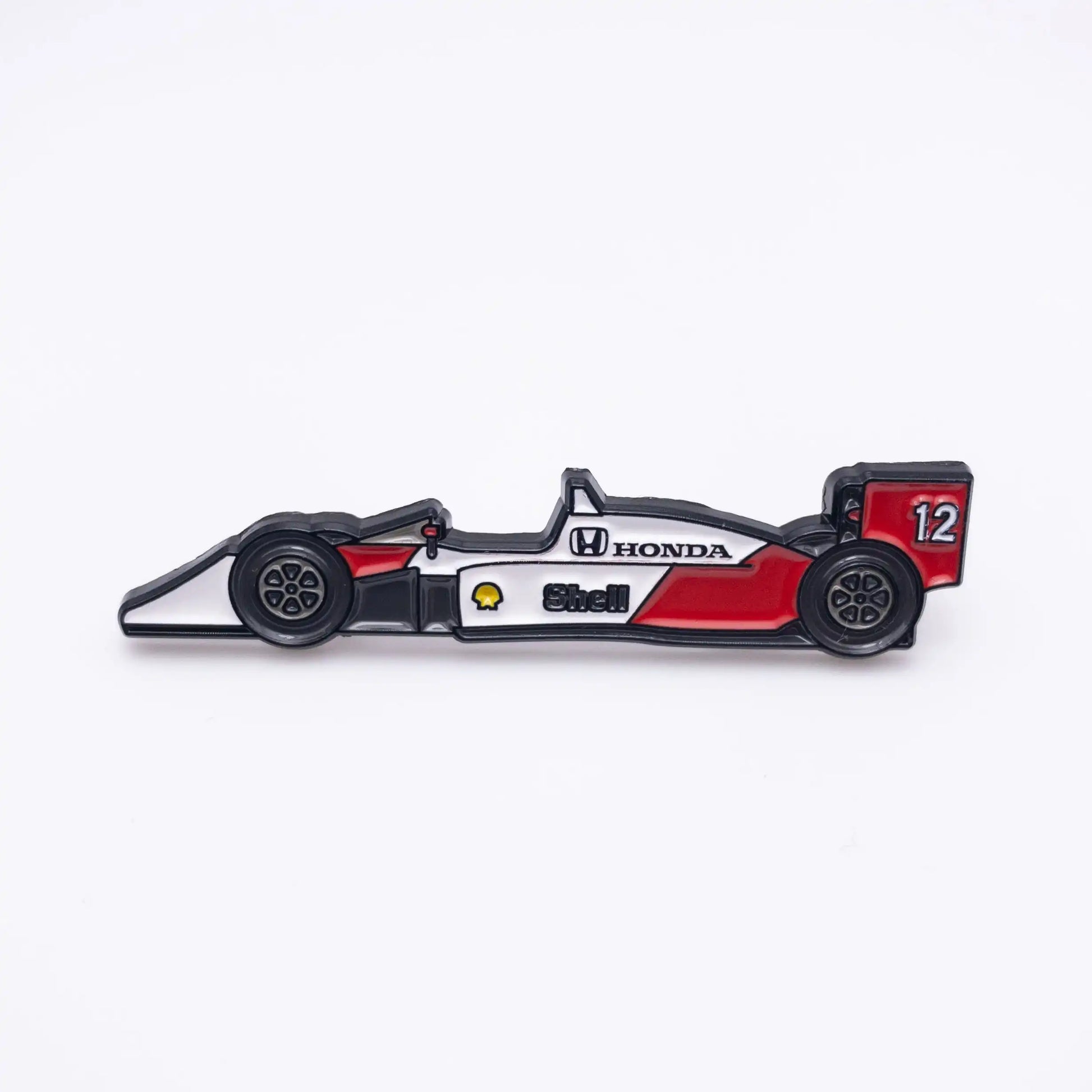 McLaren MP4/4 Formula One Car Enamel Pin shown on white background