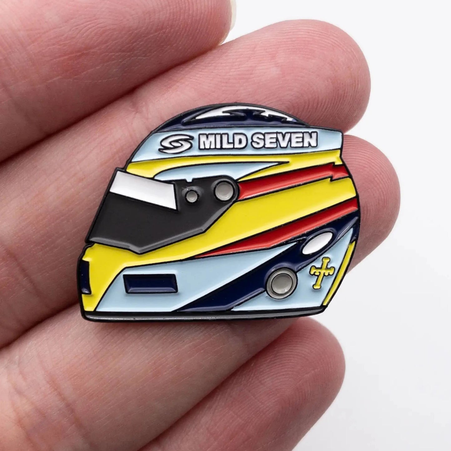 Fernando Alonso 2006 Helmet Enamel Pin shown on hand