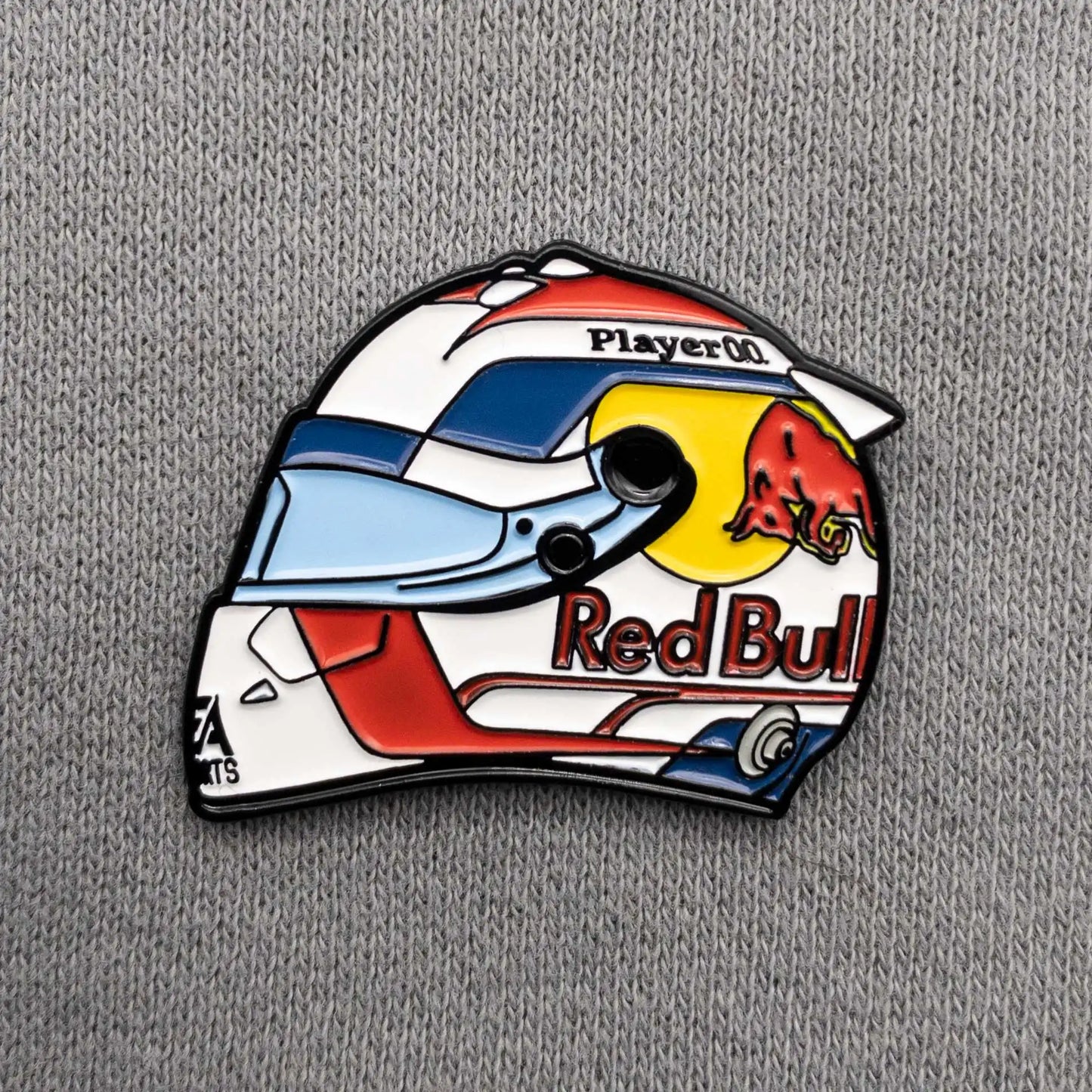 Max Verstappen 2023 Helmet Enamel Pin shown on cloths