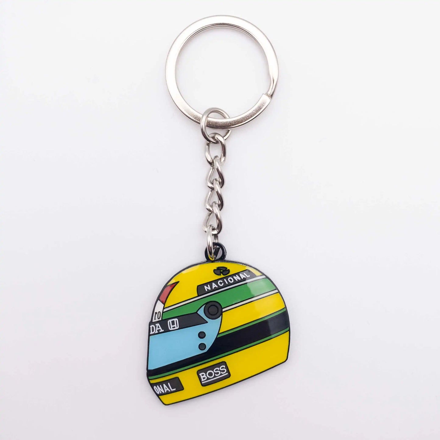 Ayrton Senna 1988 Helmet Enamel Keychain shown on white background