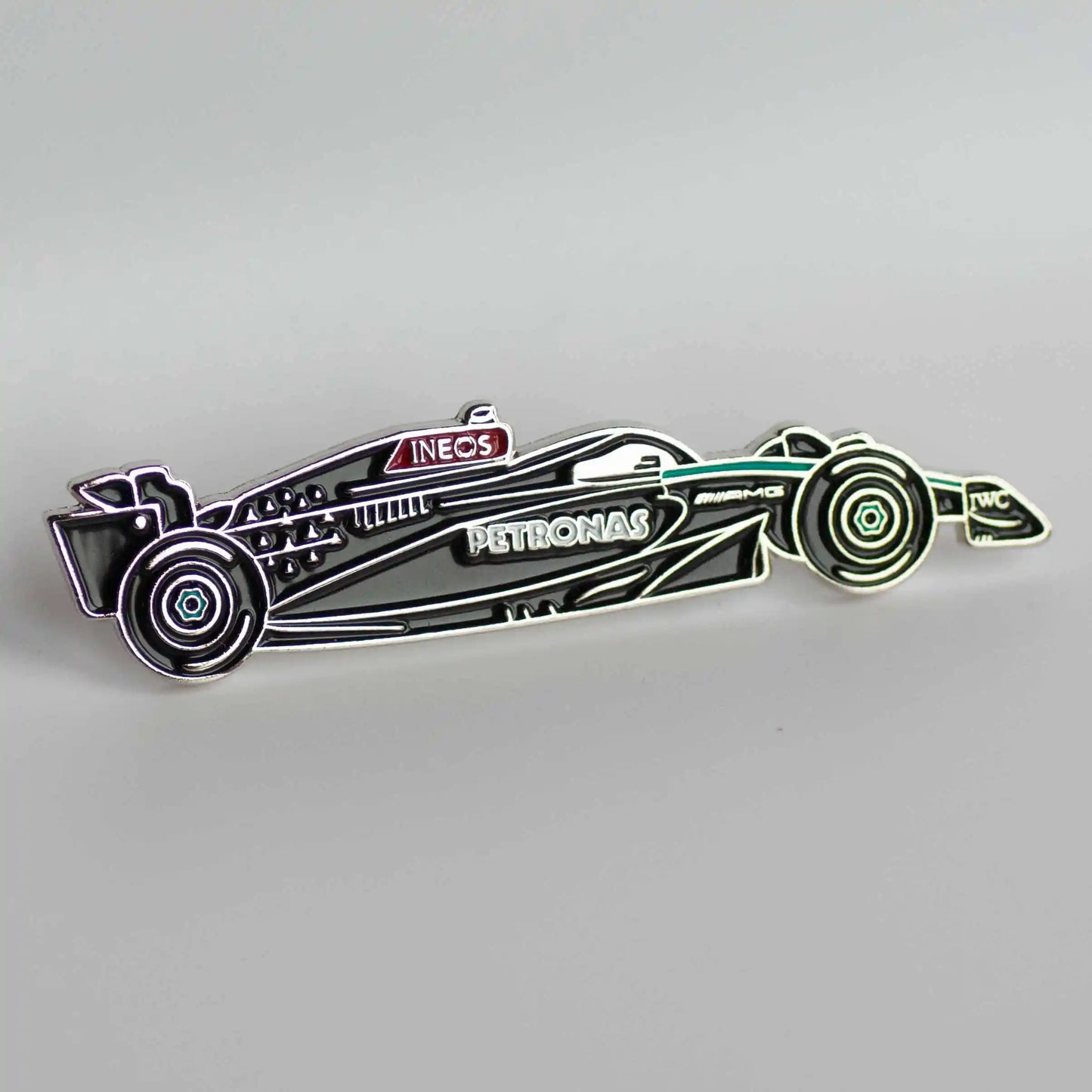 Mercedes W15 Formula One Car Enamel Pin Badge shown on white background