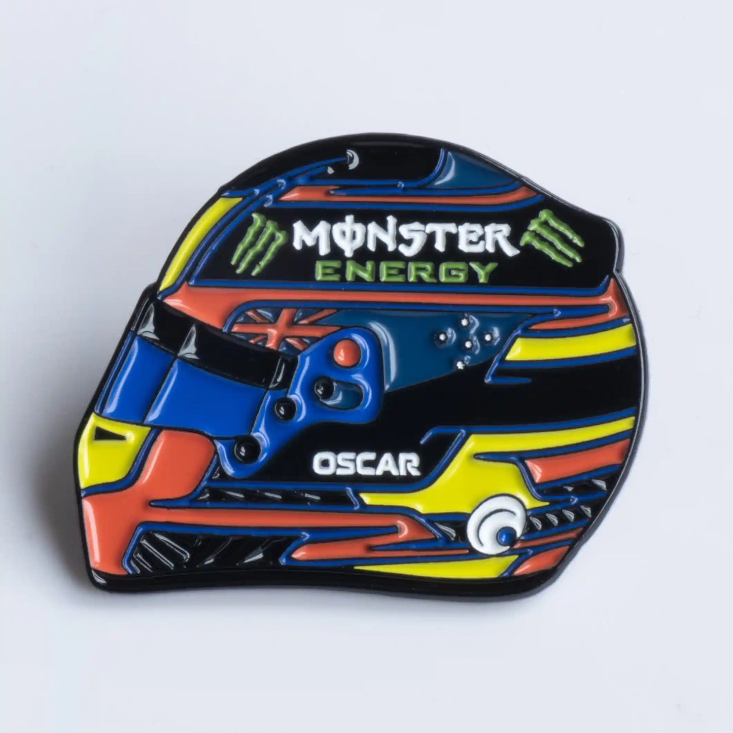 Oscar Piastri 2025 Helmet Enamel Pin on white background