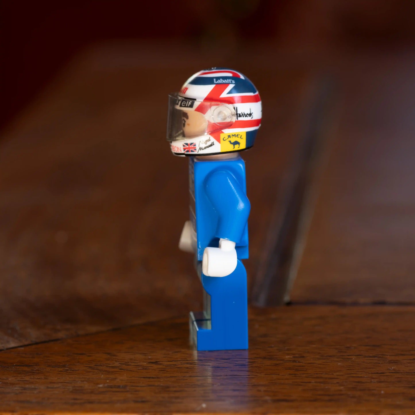Nigel Mansell Custom Lego Minifig Helmet shown on minifig