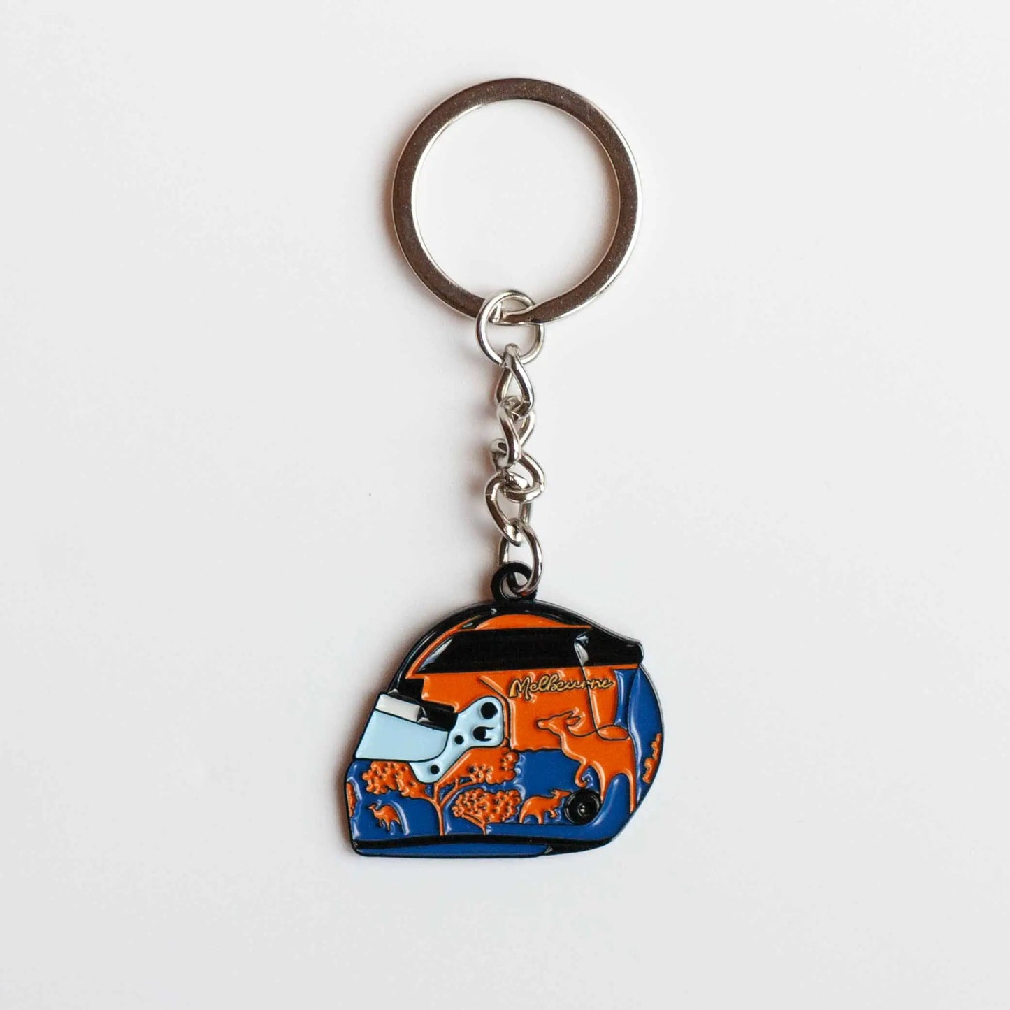 Oscar Piastri 2024 Australian GP Helmet Enamel Keychain shown on white background