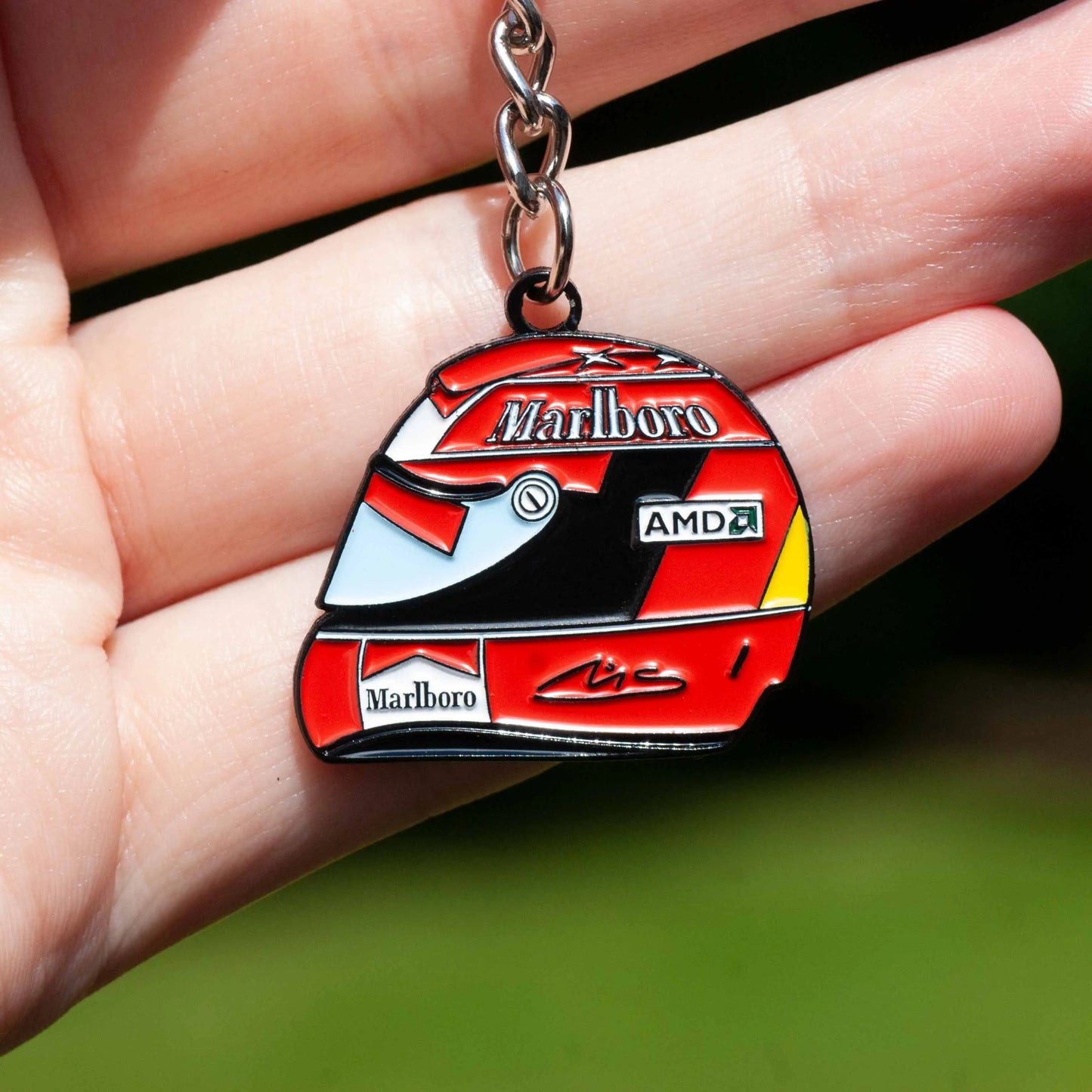 Michael Schumacher 2004 Helmet Keychain shown on hand