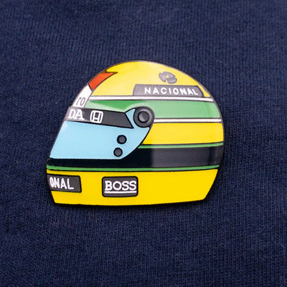 Ayrton Senna 1988 Helmet Enamel Pin shown on clothes