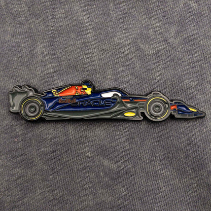 Red Bull RB19 Formula One Car Enamel Pin shown on clothes