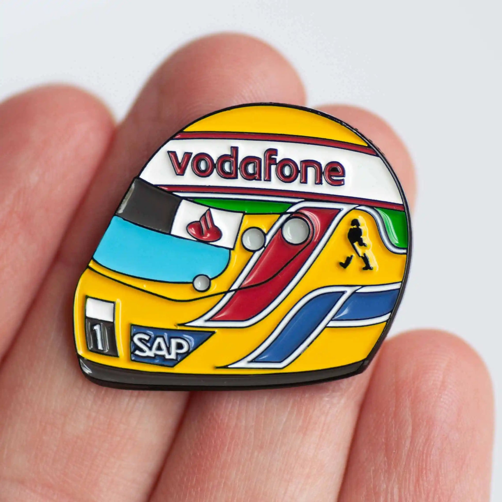 Lewis Hamilton 2008 Helmet Enamel Pin Badge shown on hand