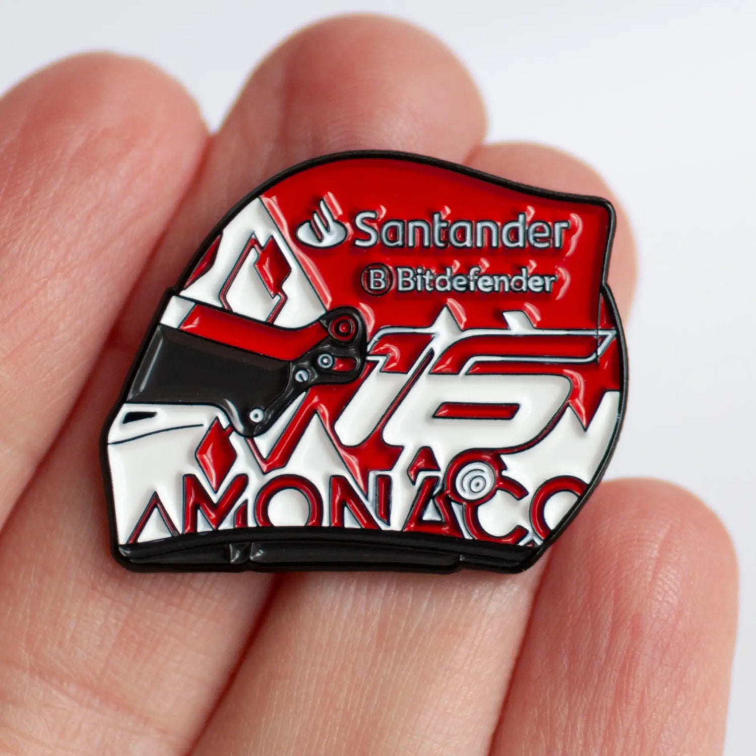 Charles Leclerc 2024 Monaco Helmet Enamel Pin shown on hand