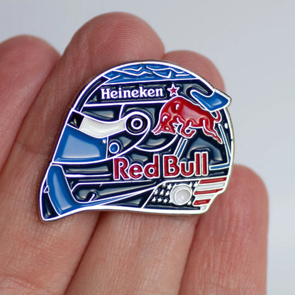 Max Verstappen 2024 USA Helmet Enamel Pin shown on hand