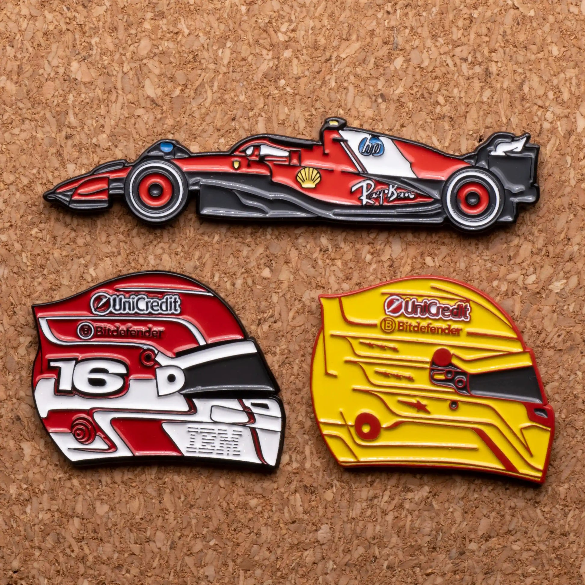 2025 Ferrari Enamel Pin Bundle shown on pin board