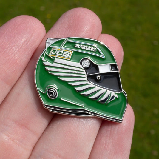 Lance Stroll 2023 Helmet Enamel Pin shown on hand