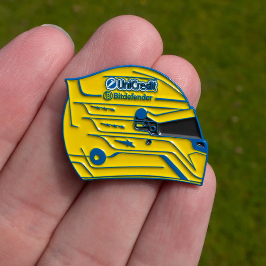 Lewis Hamilton 2025 Miami Helmet Enamel Pin shown on hand
