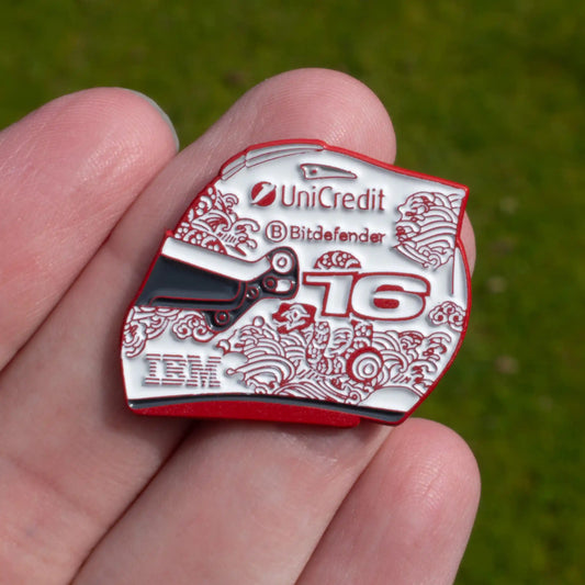 Charles Leclerc 2025 China Helmet Enamel Pin shown on hand
