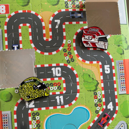 F1 Enamel Pin 12 Door Advent Calendar close up of pins in the doors