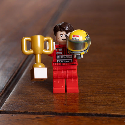 Ayrton Senna Custom Lego Minifig Helmet shown with Senna minifig