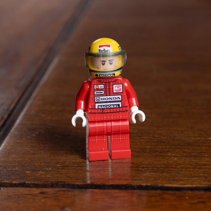 Ayrton Senna Custom Lego Minifig Helmet shown on Senna minifig