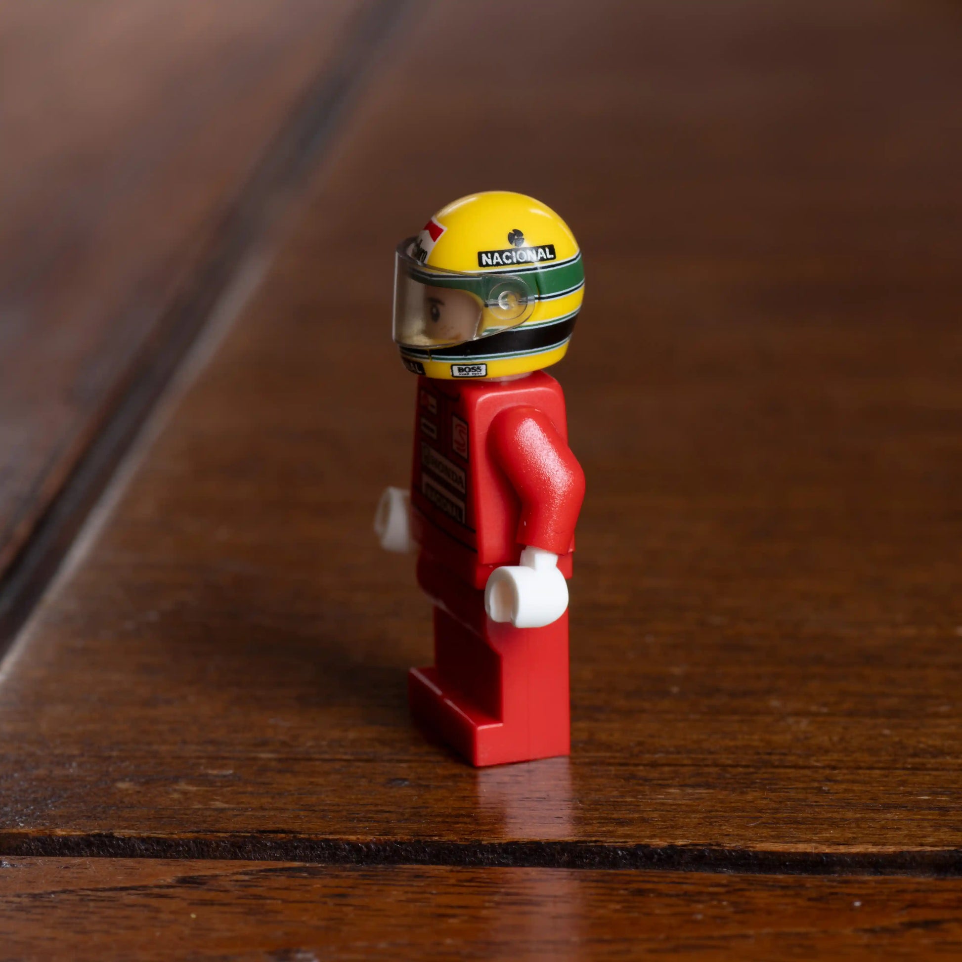 Ayrton Senna Custom Lego Minifig Helmet shown on Senna minifig