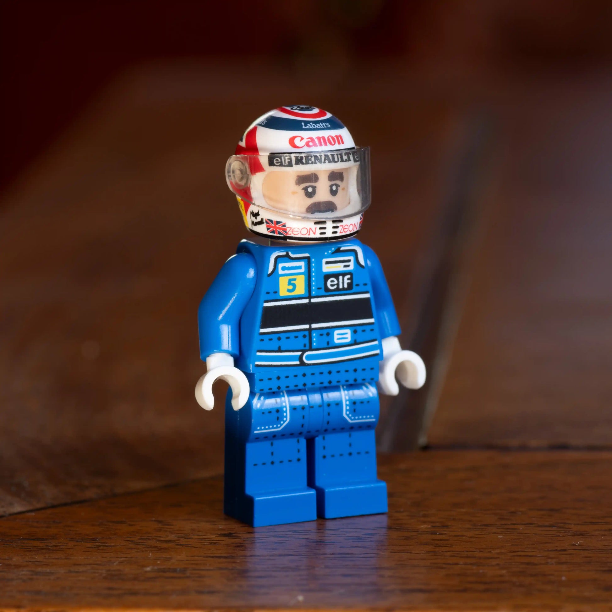 Nigel Mansell Custom Lego Minifig Helmet shown on minifig